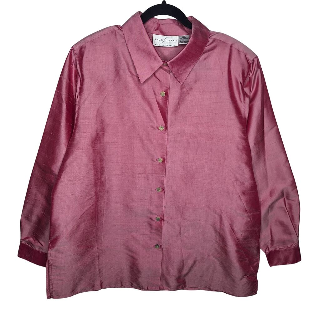 Vintage Silk Lore 100% Silk Taffeta Button Down Shirt Large Oversized Iridescent